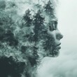 Green Colored Double Exposure: Woman's Face, Trees, and Smoke