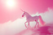 A pink unicorn walks up a fabulous staircase in pink clouds. Fairy tale, fiction, fantasy