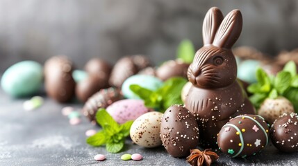 Sticker - a chocolate bunny sitting on top of a table next to chocolate eggs and sprinkled with sprinkles.