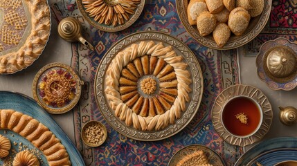 Wall Mural - a table topped with plates filled with pastries and a cup of tea next to a plate of pastries.