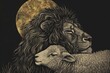 Illustration depicting the unity and peace between the lion and the lamb Set against a stark black background for dramatic effect