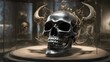 skull and bones A museum, where a mysterious artifact is on display_ a metal dragon demon skull with a ghostly demon face  