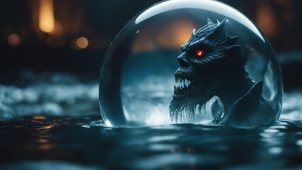 Wall Mural - highly intricately photograph of The dragon demon  in an image of the monster on a black background in a crystal ball 