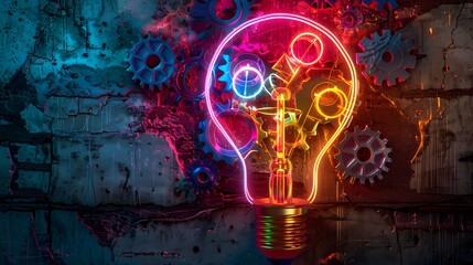 Square neon light bulb with gears and cogs working together as a background for your design