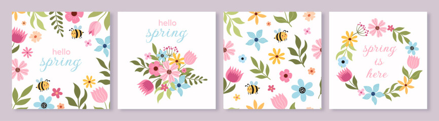 Poster - Spring flower cards with bees, flowers and plants