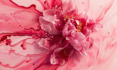 Wall Mural - fluid art peony flower in red and pink hues with abstract background