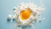 A Pile Of White Powder With An Egg In The Middle Of The Bowl On A Blue Surface With A Light Blue Background.