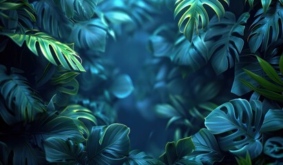 Poster - tropical leaves and foliage background in dark