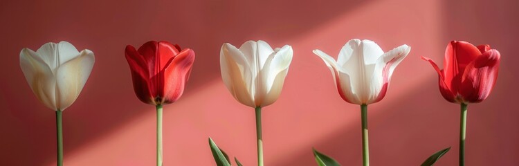 Poster - white and red tulips on pink background