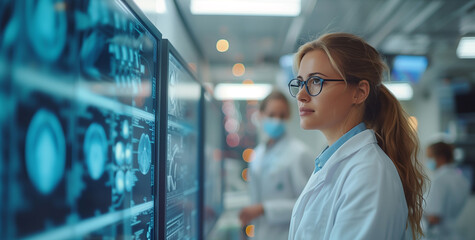 Wall Mural - Female doctor conducts research in futuristic lab