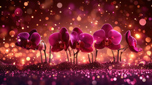 A Group Of Purple Flowers Sitting Next To Each Other On A Purple And Pink Ground With Lights In The Background.