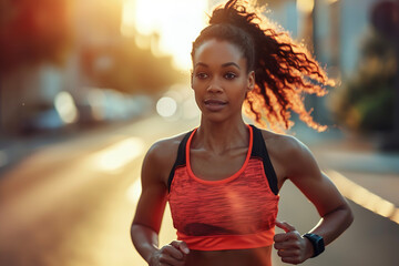 a multiethnic woman jogging on a street with soft diffused light and blurred background, wearing a r