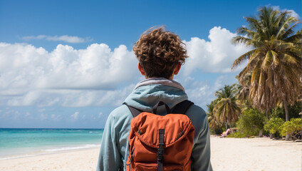 Wall Mural - backpacker with a beautiful beach background