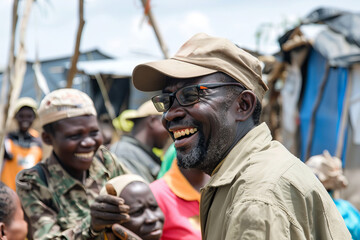 An African elder laughing heartily surrounded by a group of happy people in a sunny outdoor setting