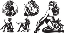 Illustration Of A Pin-up Girl Set, Beauty Womans