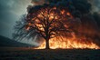 A striking contrast of destruction and beauty: a single tree defying the inferno surrounding it