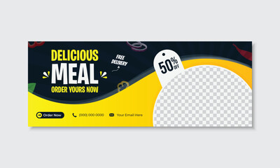 Wall Mural - Delicious food promotional social media facebook timeline cover banner header design for restaurant advertising marketing purposes, modern creative editable vector new trendy stylish design