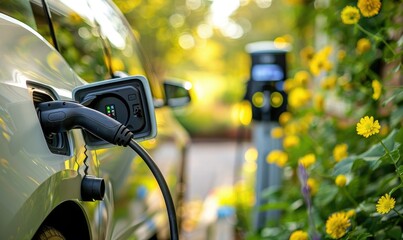 Wall Mural - An electric car plugged charging at standalone station