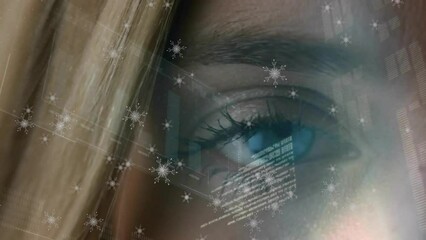 Wall Mural - animation of snow falling and diagram over eye of caucasian woman