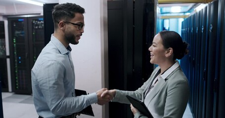 Fototapete - Business people, handshake and server room success, introduction or cybersecurity agreement of inspection. Technician and woman shaking hands for hardware checklist or system feedback at data center