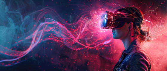 Poster - Young woman uses VR glasses on smoke and fire background, girl playing futuristic headset for virtual reality. Concept of technology, game, banner, art, digital future