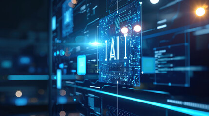 Computer dashboard of AI in dark lab or control room, futuristic interface, digital screen of artificial intelligence in future. Concept of technology, data, hud, ui, cyber security