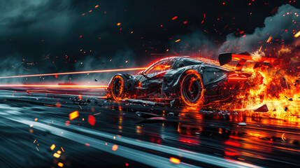 Sports car driving fast with fire on dark background, burning vehicle runs on race track. Flame, smoke, wreckage and sparks on road. Concept of crash, speed, accident, wreck