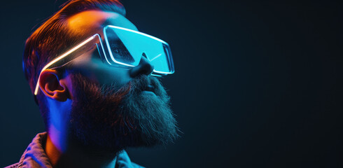 Wall Mural - Bearded man wearing futuristic glasses on dark studio background. Face of guy model with modern glowing device. Concept of technology, style, fashion, portrait, space