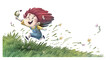 Little girl running with snail through the meadow