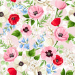 Seamless floral pattern with red, pink, blue, and white poppy flowers, bluebell flowers, lilac, and lily-of-the-valley flowers on a pink background. Vector floral print