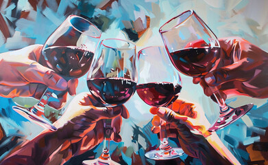 Friends Cheersing With Red Wine Glasses in an Artistic Style