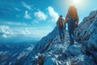 Supportive Gesture: As couple ascend the final stretch of the mountain, one man extends a helping hand to his friend, offering stability and support to ensure they reach the summit together
