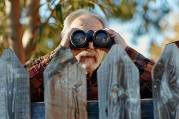 Wall Mural - curious old man looking with binoculars