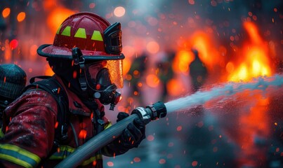 A firemen using fire hose to extinguish a fire