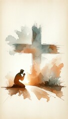 Sticker - Christianity concept. Jesus praying at the cross. Vector illustration.
