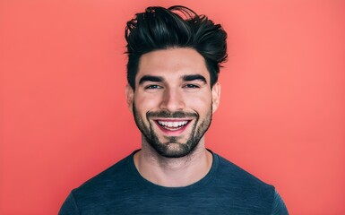 Wall Mural - handsome brunette man. smiling, perfectly aligned white teeth, looking at the camera, beard, commercial ad model.