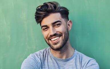 Wall Mural - handsome brunette man. smiling, perfectly aligned white teeth, looking at the camera, beard, commercial ad model.