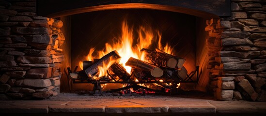 Wall Mural - A closeup view of a fireplace with logs burning brightly, flames crackling and dancing. The logs are ablaze, radiating warmth and light into the room.