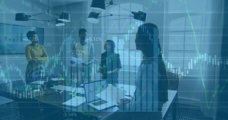 Canvas Print - Animation of financial data processing over diverse business people in office