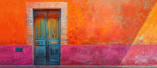 Sticker - The painting depicts a striking contrast between a bright blue door and a vivid orange wall. The colors create a visually captivating display, with the door standing out against the bold background.