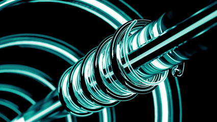 Wall Mural - Green pipeline on a black background. Design. Rotating spiral around straight pipe.