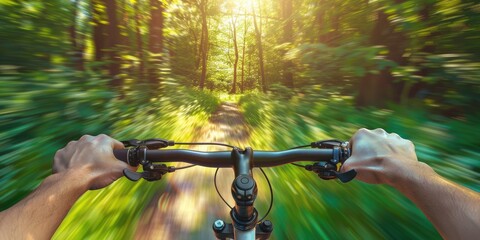 Wall Mural - Rider driving bicycle in the forest