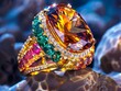 A jewelry craftsman at a lapidary bench focused on setting a freshly cut shiny gem into a colorful ring
