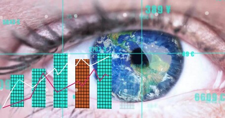 Poster - Animation of data processing over close up of woman's eye