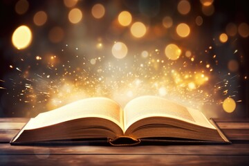 Poster - Antique magic book with glowing lights   literature education concept.