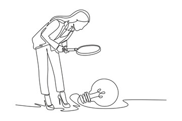 One continuous line drawing of illustration of business woman using magnifying glass for looking ideas. Genius psychological logotype icon template concept. Modern single line draw graphic design vect