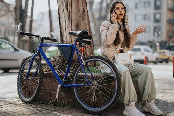 Outdoor lifestyle photo of a young woman engaging in a conversation on her mobile phone, sitting next to a blue bicycle on an urban street.