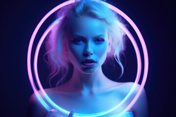 Wall Mural - Female fashion model in neon light with glowing circle.