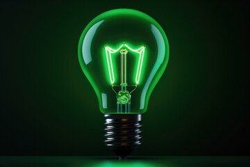Fototapete - green neon light bulb on white wall.