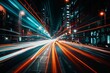 City street is filled with cars, buses, and taxis in the heavy traffic. Bright headlights illuminate the road, creating a scene of hustle and bustle. Generative AI
